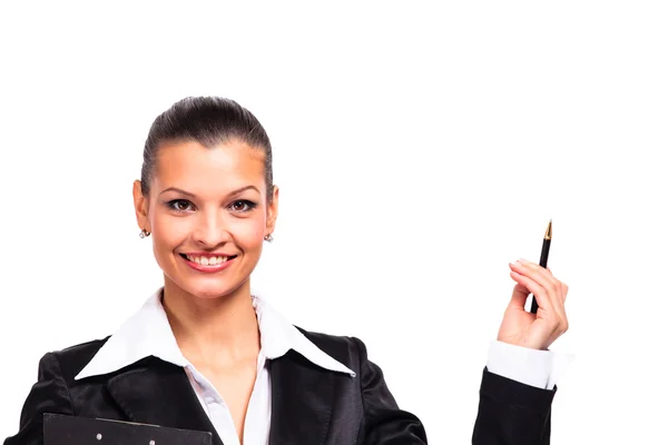 Happy young business woman showing blank signboard — Zdjęcie stockowe