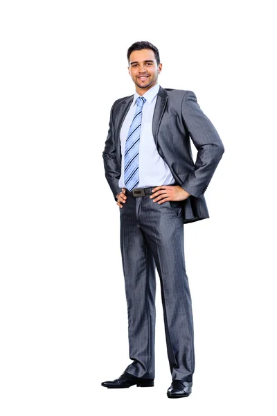 Retrato de corpo inteiro de feliz sorridente jovem homem de negócios, isolado no fundo branco — Fotografia de Stock