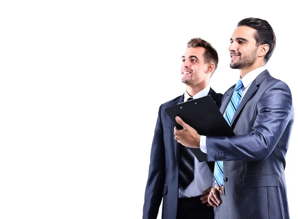 Dos hombres de negocios mirando el fondo blanco — Foto de Stock