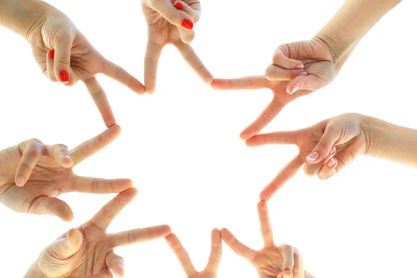 Vereinte Hände isoliert auf weißem Konzeptfoto von Teamwork — Stockfoto