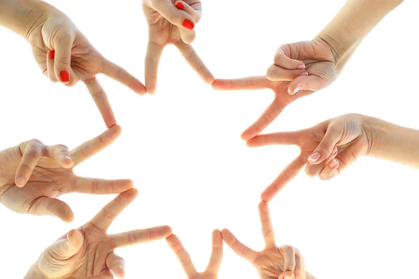 Manos unidas aisladas en blanco Foto conceptual del trabajo en equipo — Foto de Stock