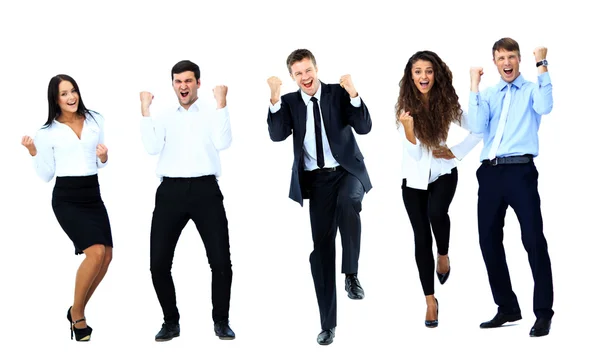 Very happy business people jumping and clenching their fists against white background Stock Picture