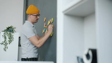 Ofiste karatahtayla çalışan yaratıcı bir çalışan yapışkan notlar yazıyor.