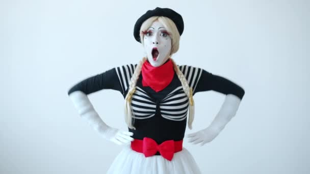 Angry woman mime shaking head and wagging finger meaning dont do it on white background — Stock Video