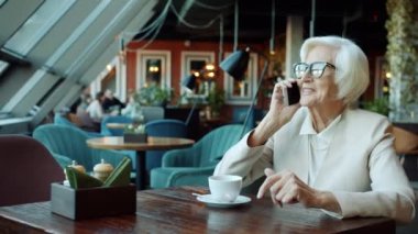 Cafe 'de cep telefonuyla iş tartışan mutlu bir son sınıf kadını.