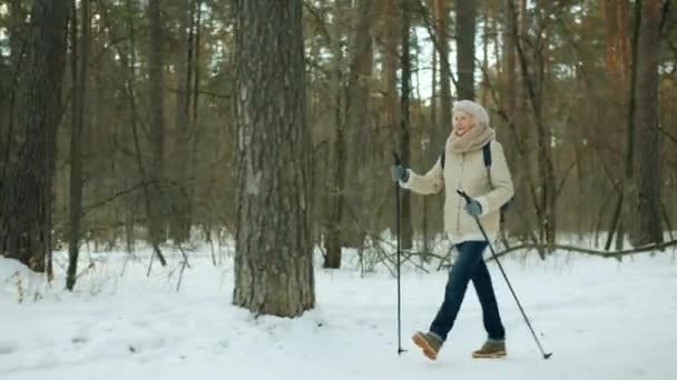 Активная пенсионерка, наслаждающаяся нордической ходьбой на лыжах по зимнему лесу. — стоковое видео