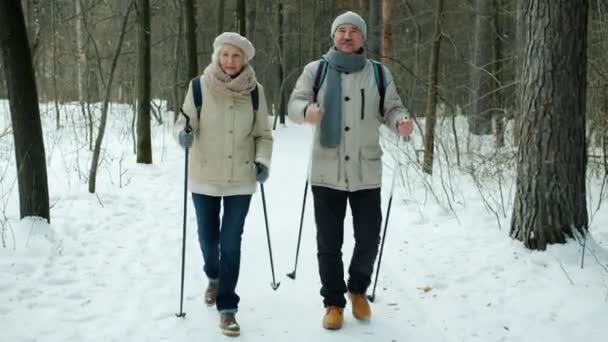 Pareja senior hombre y mujer caminando con bastones de esquí y mirando a su alrededor disfrutando de la naturaleza en el bosque — Vídeo de stock