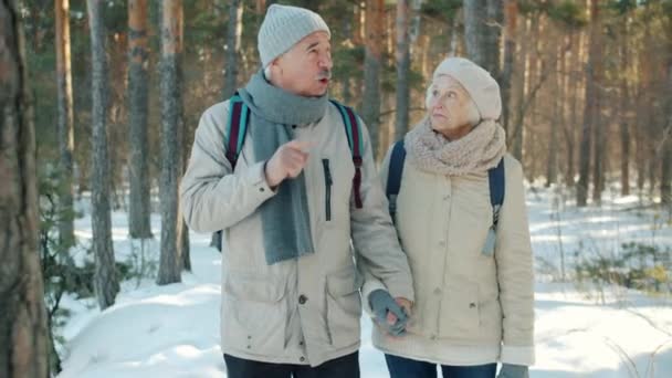 Wolny ruch starszej kobiety i mężczyzny spacerujących w lesie w zimowy dzień trzymając się za ręce i rozmawiając — Wideo stockowe