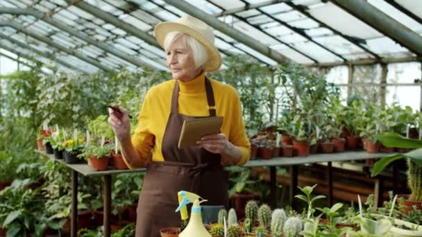 Senior lady gardener counting pot plants in glasshouse writing in notebook busy with inventory — Stock Video