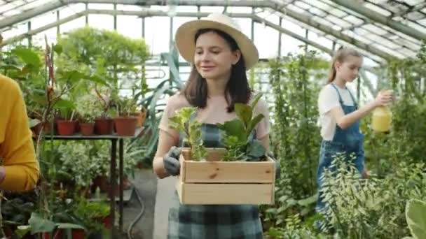 Молодая женщина, несущая растения, прогуливаясь в оранжерее и наблюдая, как ее мать и дочь работают с зеленью — стоковое видео