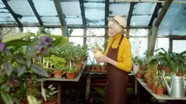 Sprey şişeyle çiçek serpiştiren yaşlı kadın çiftçinin yan görüntüsü.