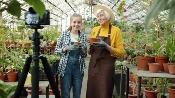 Ragazza carina e nonna registrazione video in serra parlando piante che tengono utilizzando la fotocamera su treppiede — Video Stock