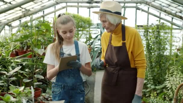 Grandmother and granddaughter talking and writing in notebook checking plants in greenhouse — Stock Video