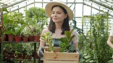 Genç çiftçinin serada yürümesi ve sonra anne ve kızıyla çalışması.