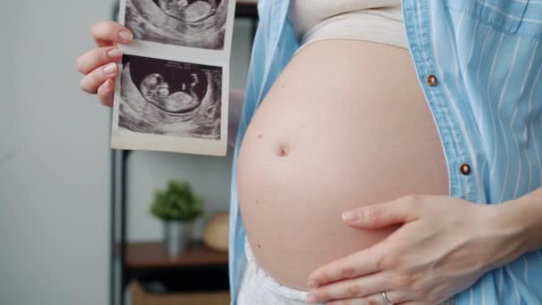 Крупный план беременного живота и женщины, ласкающие ребенка и держащие ультразвук — стоковое видео