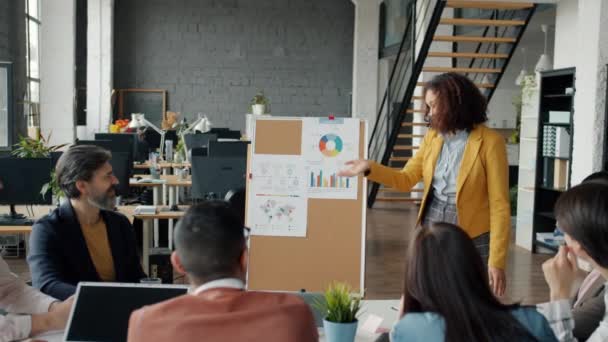 Cámara lenta de la mujer haciendo la presentación y luego bailando disfrutando del éxito del proyecto mientras sus colegas aplauden — Vídeo de stock