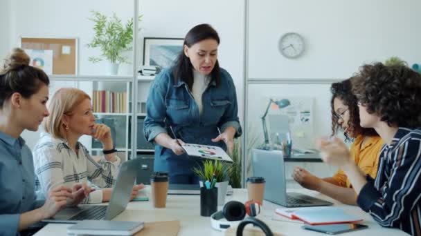怒っている女性の上司は、オフィスでの会議中に紙を投げる労働者のグループに話している — ストック動画