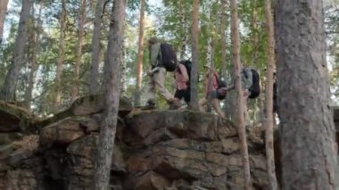 Sırt çantalı erkekler ve kadınlar dağlarda ve ormanda seyahat ediyorlar ve ellerinde harita ile yaz tatilinin tadını çıkarıyorlar.