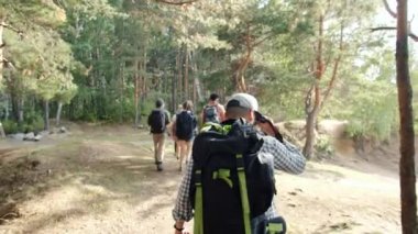 Sırt çantalı genç adam, yaz aylarında arkadaşlarıyla ormanda sırıkla yürüyüş yaparak İskandinav yürüyüşünün keyfini çıkarıyor.