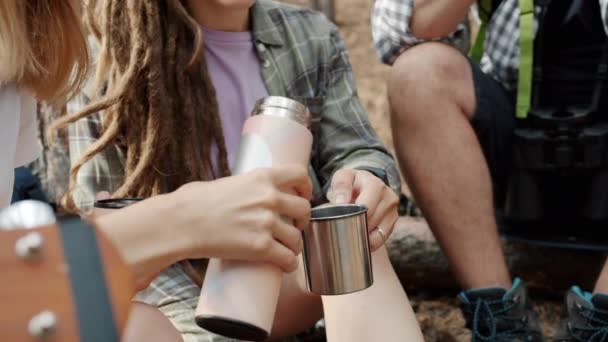 Primo piano al rallentatore delle mani femminili che versano il tè dal thermos mentre i turisti riposano durante il viaggio estivo — Video Stock