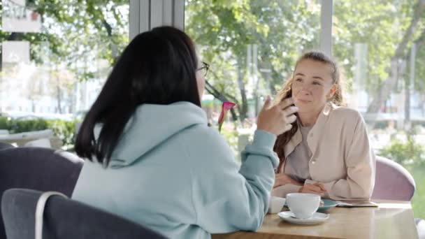 Meninas felizes amigos pagando com cartão de crédito no café e falando com garçonete grávida no avental — Vídeo de Stock