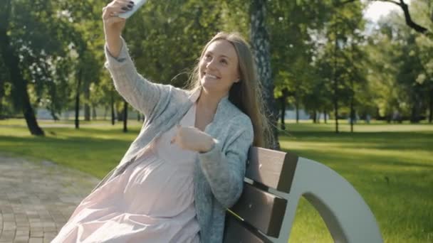 Menina grávida feliz conversando e gesticulando durante a chamada de vídeo on-line do parque da cidade — Vídeo de Stock