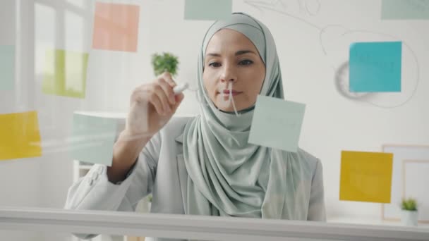Молодой креативный мусульманский дизайнер пишет на стеклянной доске с липкими заметками, работающими в офисе — стоковое видео