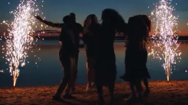 Joyeux jeunes filles et les gars qui s'amusent sur la plage la nuit en dansant et en appréciant les feux d'artifice — Video