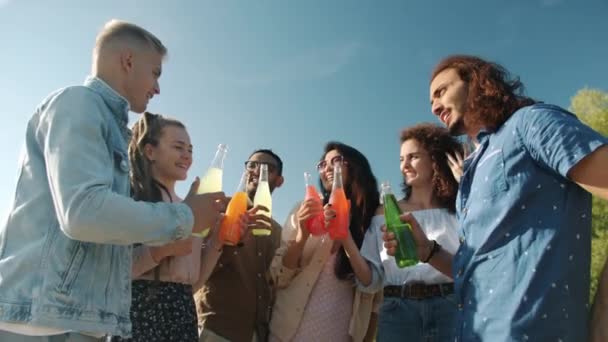 Slow motion van vrolijke meisjes en jongens vrienden klappen flessen en toasten buiten op zonnige zomerdag. — Stockvideo