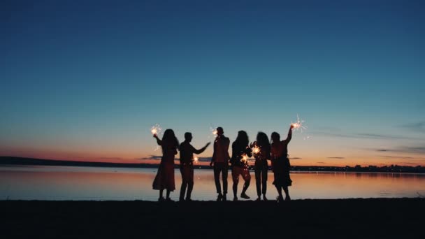 Gruppo di giovani amici che ballano sulla riva del lago con scintille a tarda sera — Video Stock