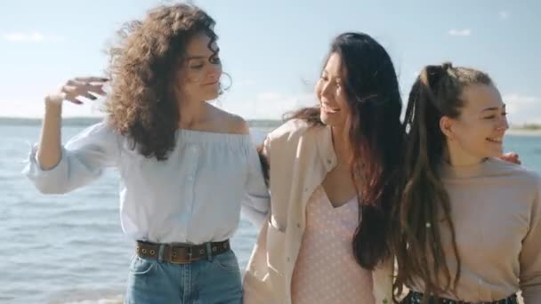 Dolly shot slow motion portrait of happy women multi-ethnic group walking outdoors on beach — Stock Video