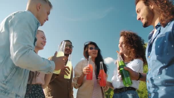 幸せな男性と女性の肖像ビーチで瓶や外で飲んで — ストック動画