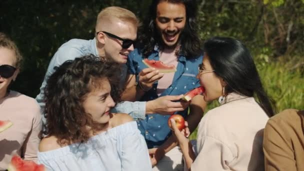 Ευτυχισμένοι άνθρωποι πολυ-φυλετική ομάδα απολαμβάνοντας πικνίκ την καλοκαιρινή μέρα τρώει καρπούζι και γέλιο — Αρχείο Βίντεο
