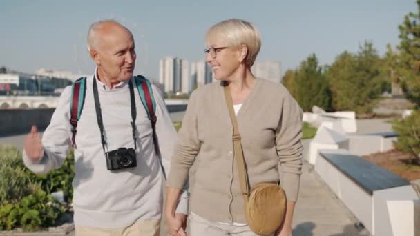 Dolly shot de touristes heureux aimant couple de personnes âgées marchant dans la ville se tenant la main parler le jour d'été — Video