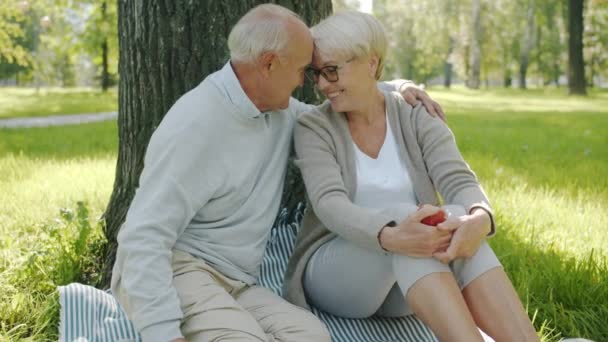 Man en vrouw ouderen knuffelen praten appel eten genieten picknick in park — Stockvideo