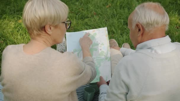 Пожилые туристы планируют отпуск, смотря на карту, а затем делают "дай пять" сидя на траве в парке — стоковое видео