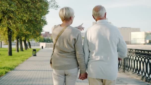 Vue arrière de joyeux couple âgé marchant dans la belle ville se tenant la main profiter de la conversation — Video