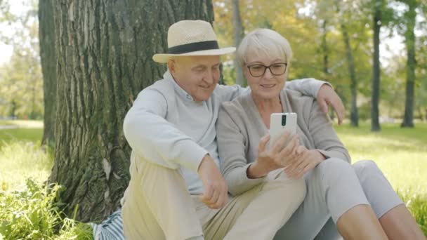 Leende senior par gör online videosamtal prata och vifta hand njuta av solig dag i parken — Stockvideo