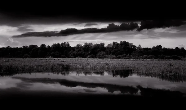 Черно-белый пейзаж с темными облаками — стоковое фото