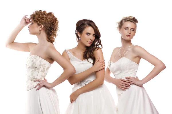 Retrato de una mujer hermosa tres en vestido de novia ov aislado —  Fotos de Stock