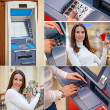Genç esmer kadın ATM 'de kredi kartından para çekiyor.