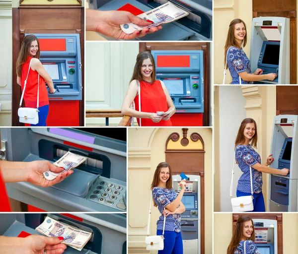 Jonge brunette vrouw opnemen van geld van credit card bij ATM — Stockfoto