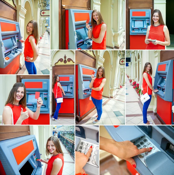 Jonge brunette vrouw opnemen van geld van credit card bij ATM — Stockfoto
