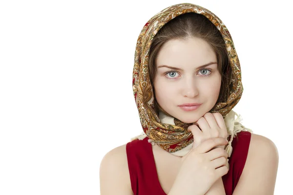 Young blonde woman in a red golden scarf — Stock Photo, Image