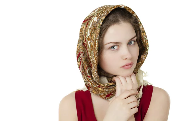 Young blonde woman in a red golden scarf — Stock Photo, Image