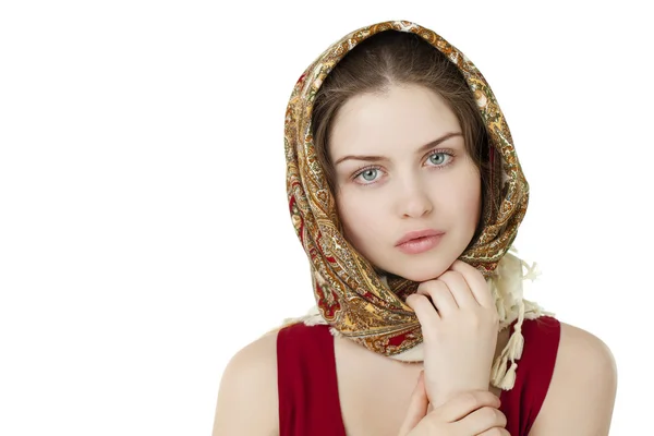 Young blonde woman in a red golden scarf — Stock Photo, Image