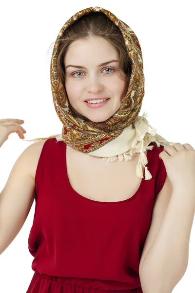 年轻的金发女郎，一条红色的金色围巾 — 图库照片