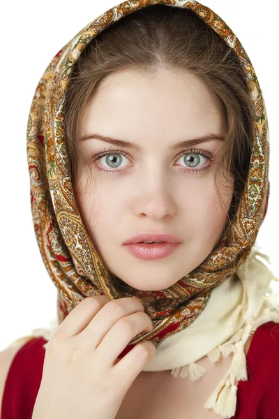 Young blonde woman in a red golden scarf — Stock Photo, Image