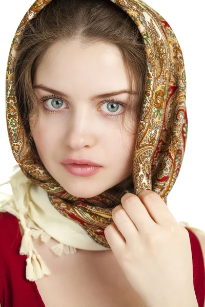 Young blonde woman in a red golden scarf — Stock Photo, Image