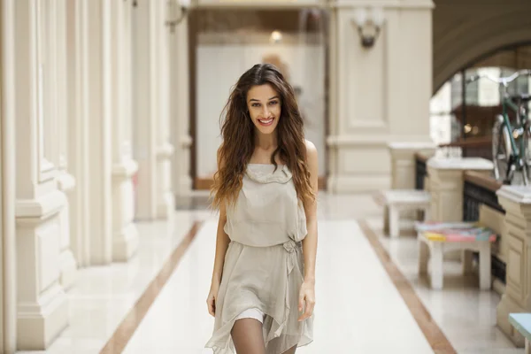 Portrait close up of young beautiful brunette woman in beige dre — Stock Photo, Image